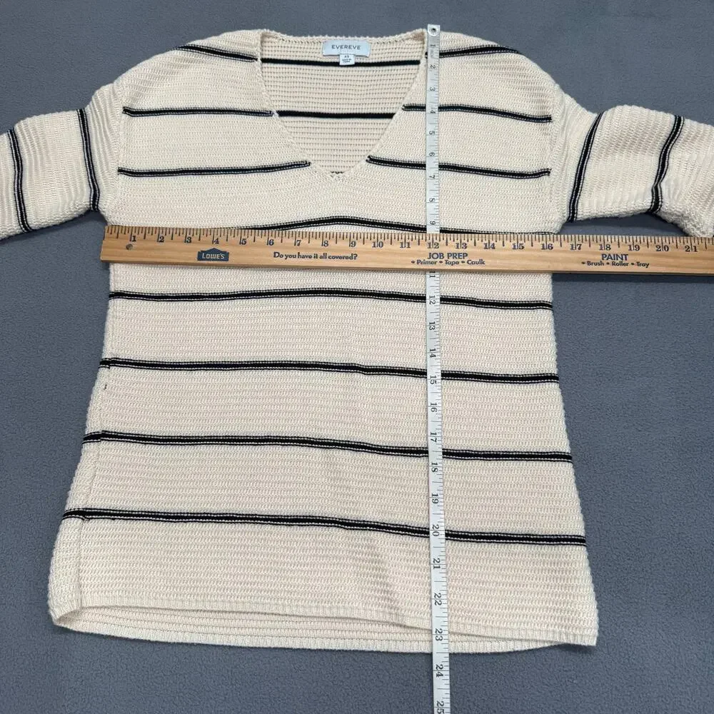 Evereve V Neck Pullover‎ Cotton Stripe Sweater Womens XS Cream Preppy Minimalist